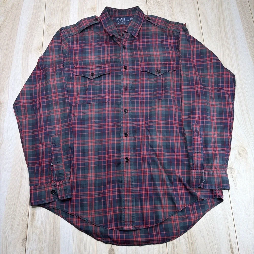 Polo By Ralph Lauren Trim Military Fine 2-ply 100s Plaid Button Up Shirt Mens L